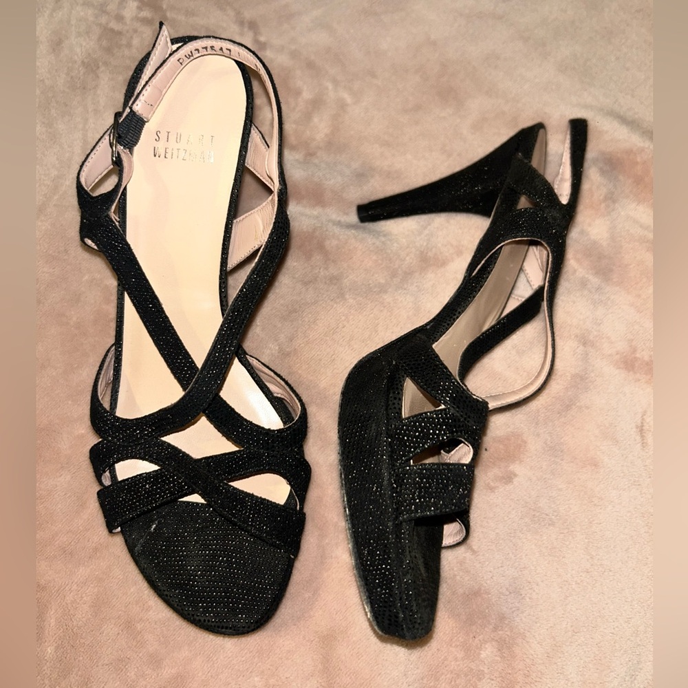 Stuart Weitzman Women's Axislith Dress Sandals Black Goose Bump Size 7.5 M